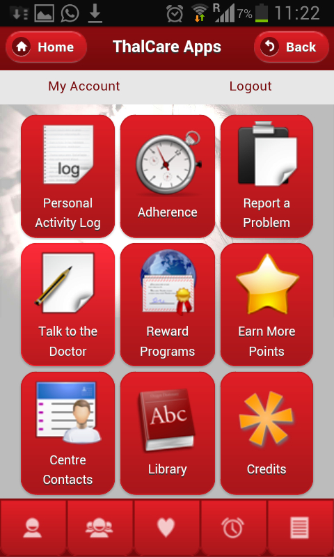 ThalCare patient app home screen with adherence, reports, doctor and rewards