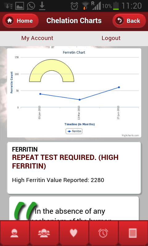 Ferritin chart with a repeat-test alert